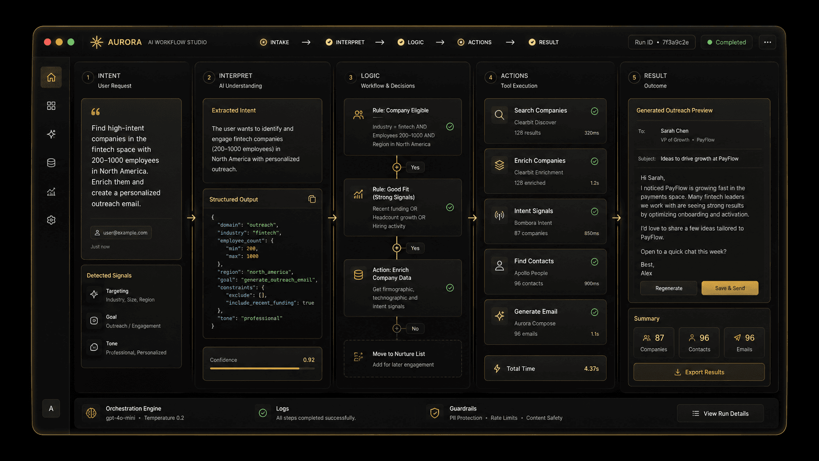 A dark AI product workflow interface showing structured product logic.