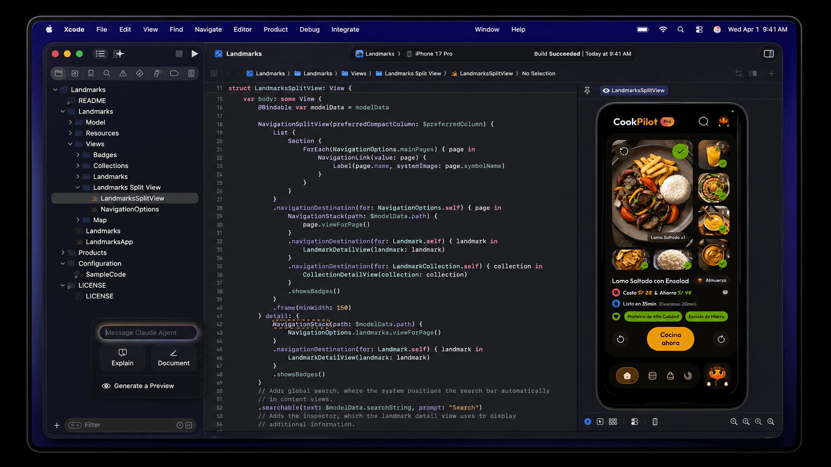 A dark development workspace showing code and a mobile app preview.