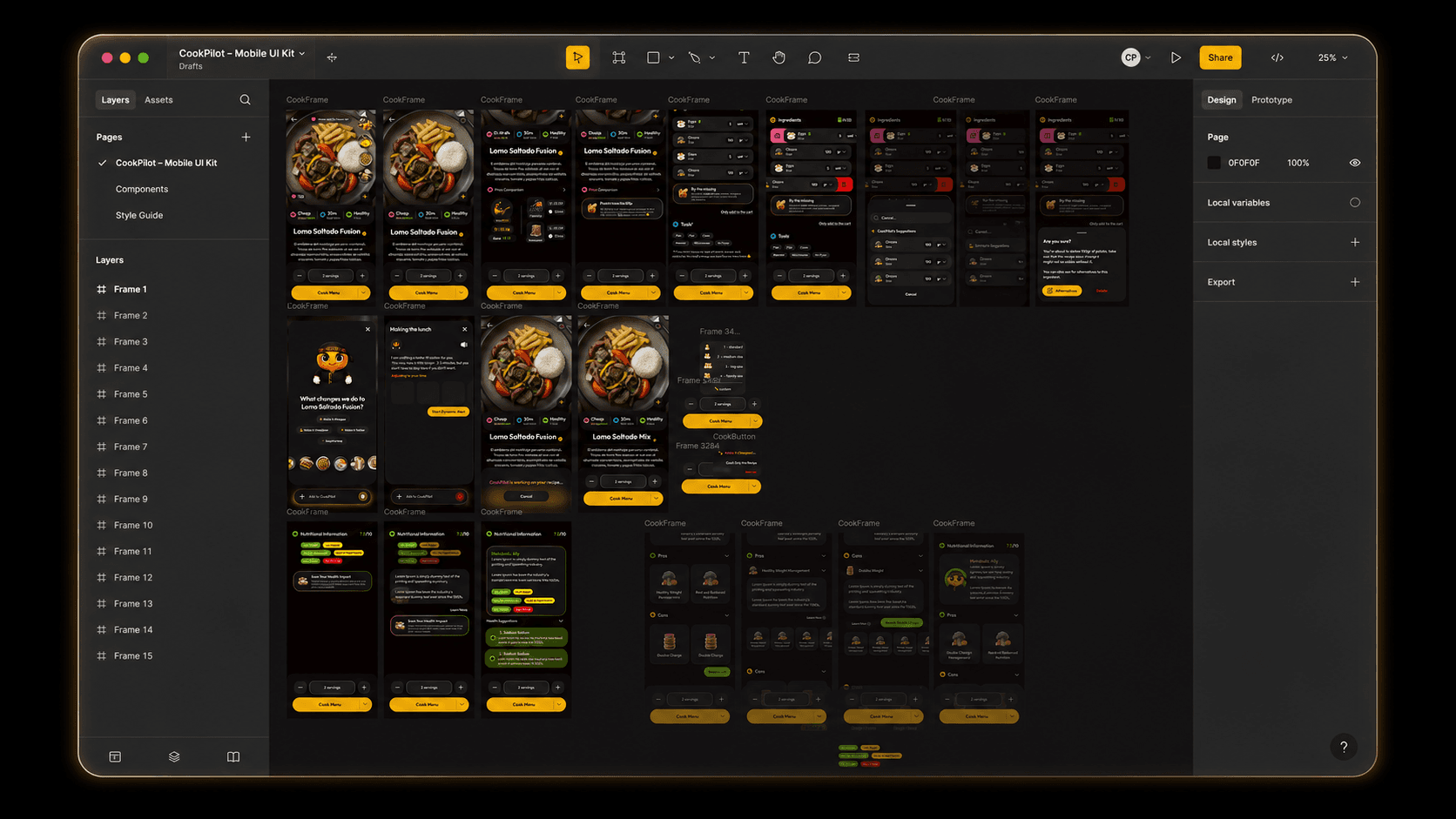 A dark Figma-style workspace showing CookPilot mobile interface screens.